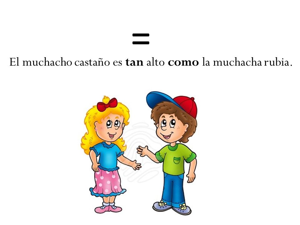 El muchacho castaño es tan alto como la muchacha rubia.