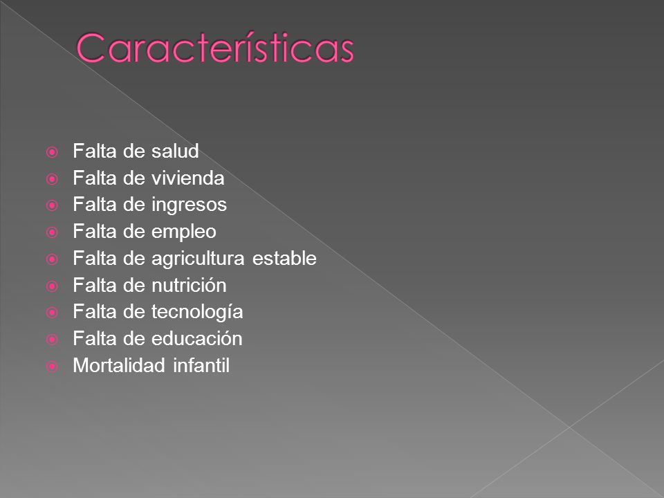 Características Falta de salud Falta de vivienda Falta de ingresos