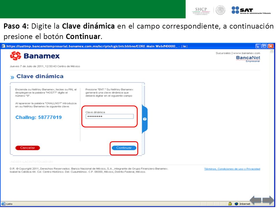 Paso 4: Digite la Clave dinámica en el campo correspondiente, a continuación presione el botón Continuar.