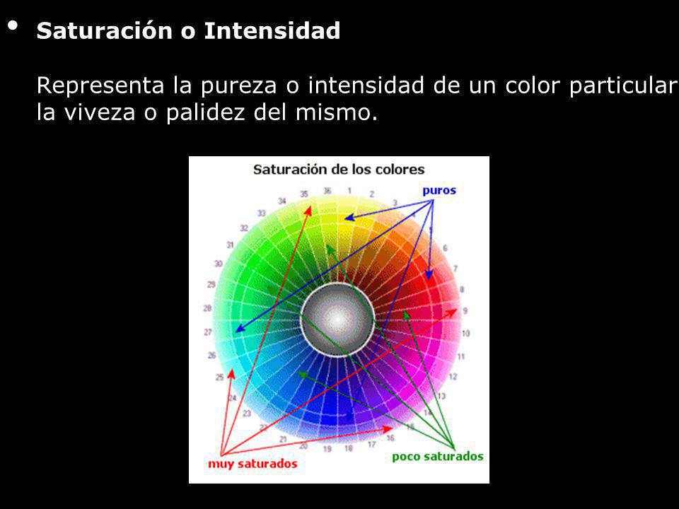 Saturación o Intensidad Representa la pureza o intensidad de un color particular, la viveza o palidez del mismo.