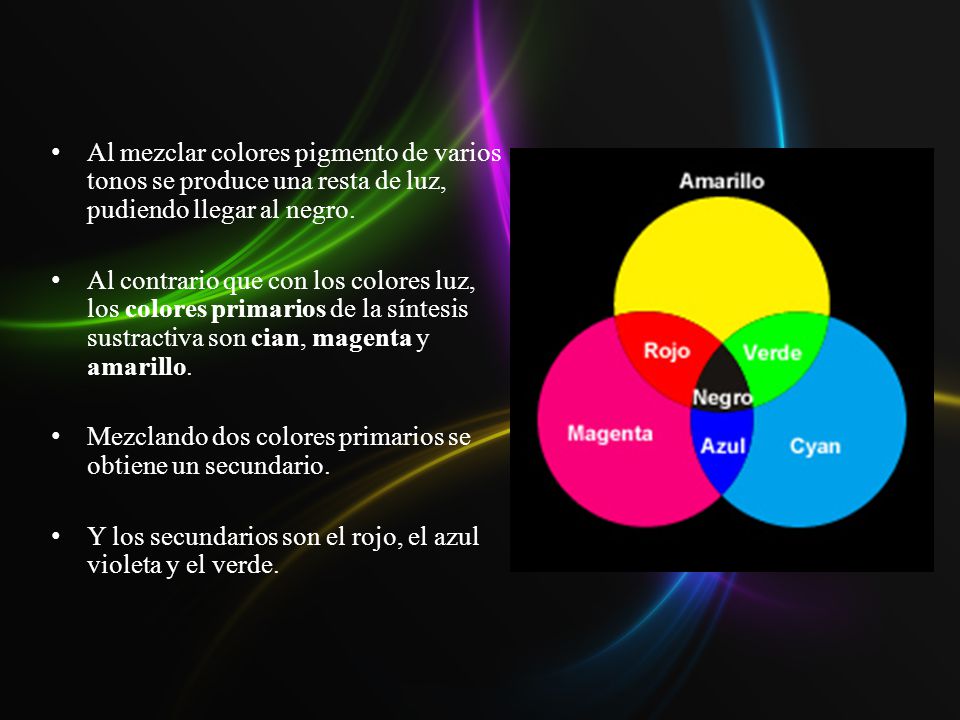 Al mezclar colores pigmento de varios tonos se produce una resta de luz, pudiendo llegar al negro.