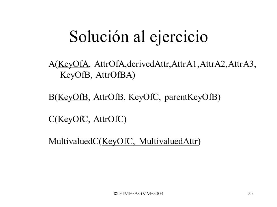 Solución al ejercicio A(KeyOfA, AttrOfA,derivedAttr,AttrA1,AttrA2,AttrA3, KeyOfB, AttrOfBA) B(KeyOfB, AttrOfB, KeyOfC, parentKeyOfB)