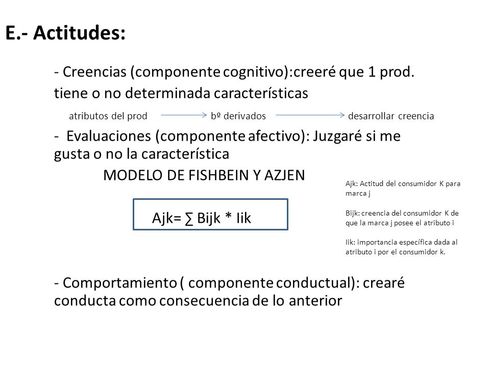 E.- Actitudes: - Creencias (componente cognitivo):creeré que 1 prod. tiene o no determinada características.