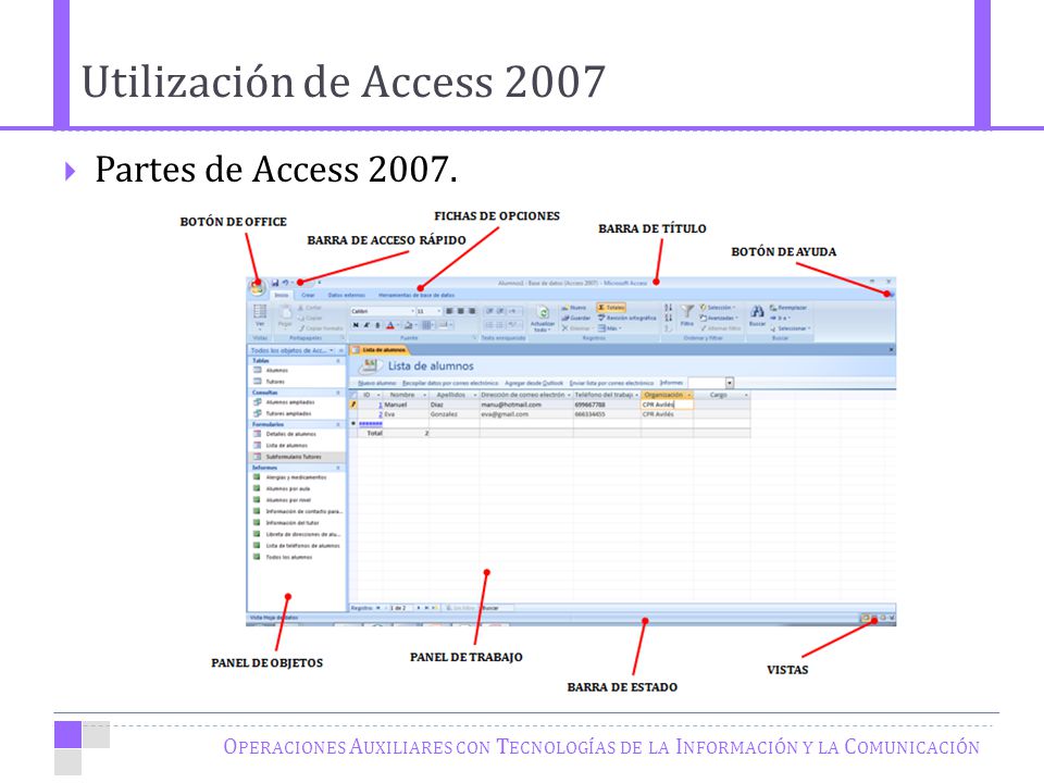 Utilización de Access 2007 Partes de Access 2007.