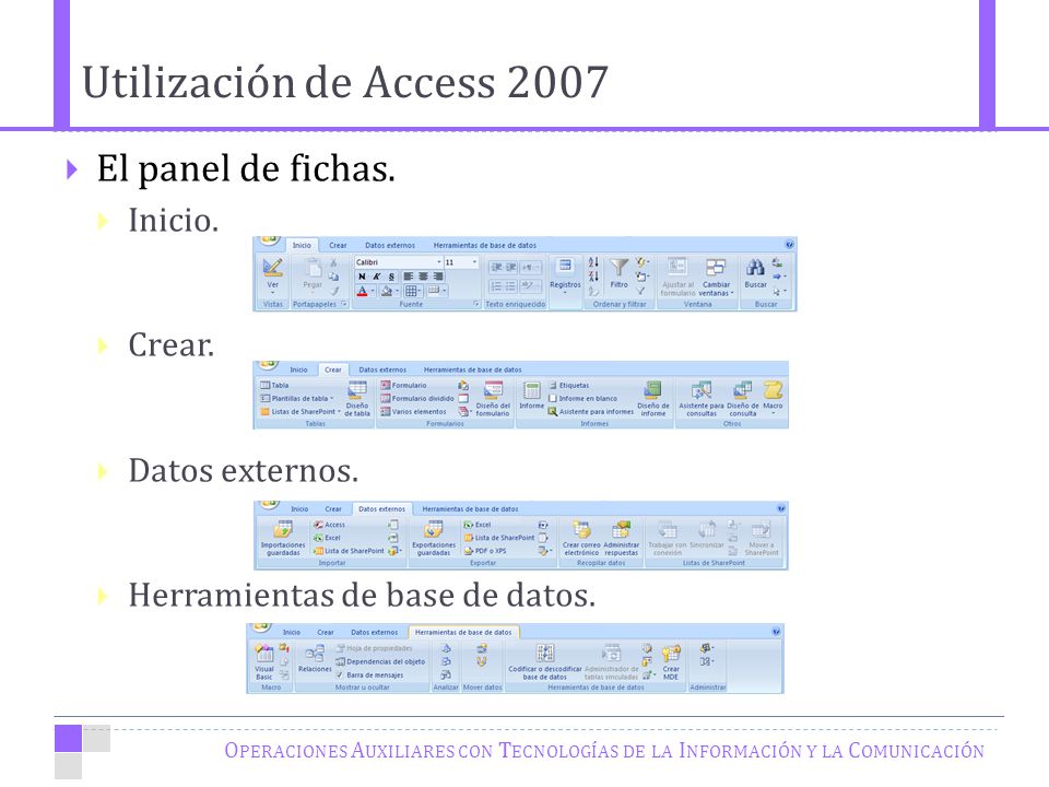 Utilización de Access 2007 El panel de fichas. Inicio. Crear.