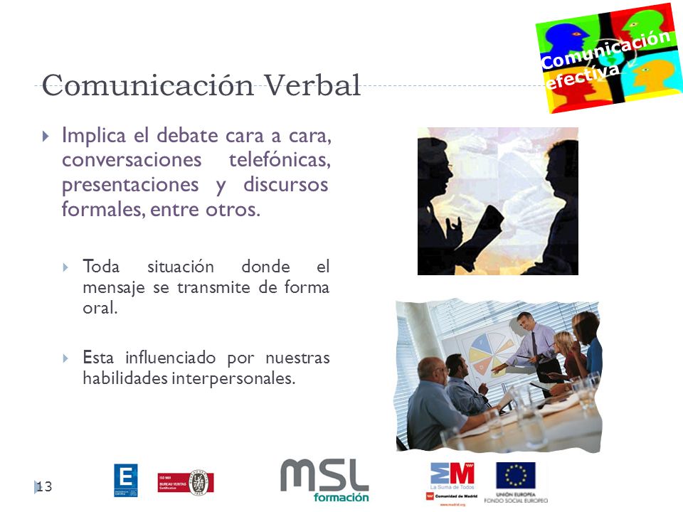 Comunicación Verbal Implica el debate cara a cara, conversaciones telefónicas, presentaciones y discursos formales, entre otros.