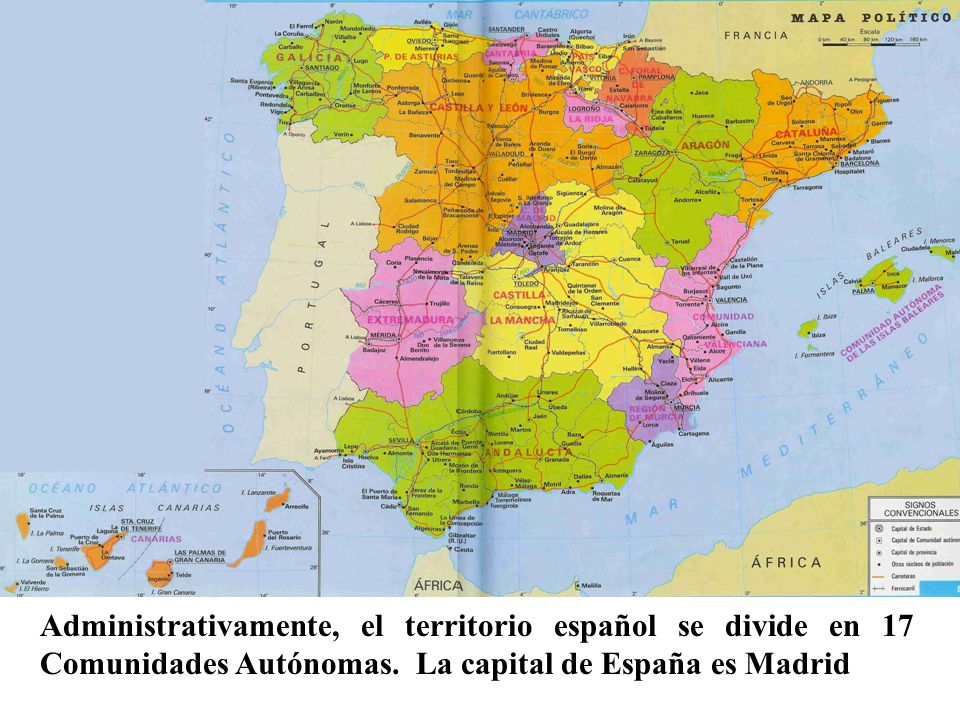 Administrativamente, el territorio español se divide en 17 Comunidades Autónomas.