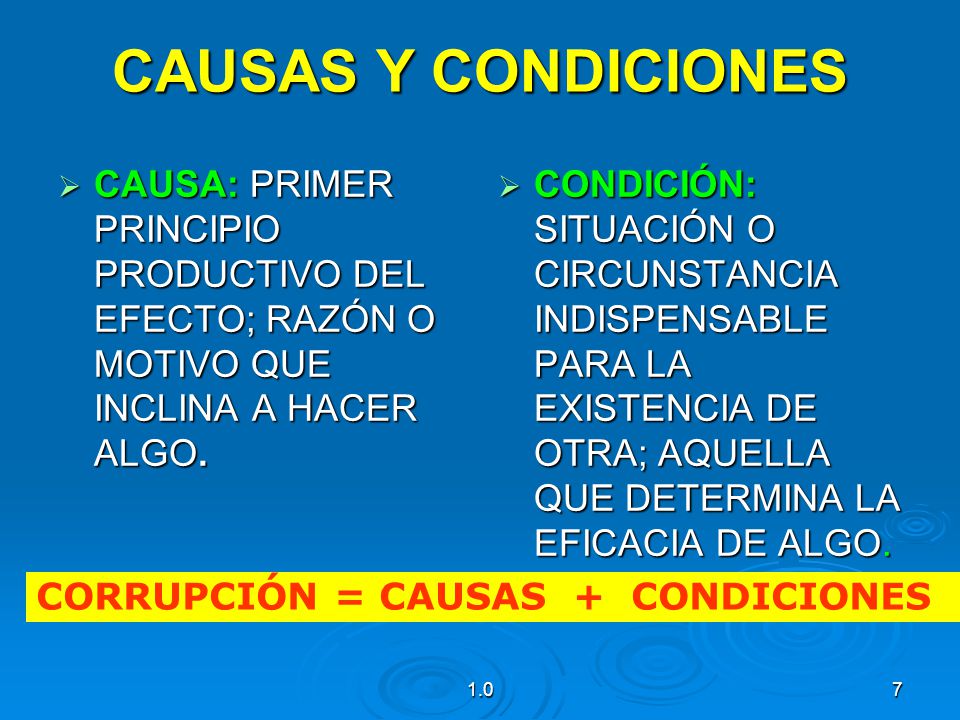 CAUSAS Y CONDICIONES CAUSA: PRIMER PRINCIPIO PRODUCTIVO DEL EFECTO; RAZÓN O MOTIVO QUE INCLINA A HACER ALGO.