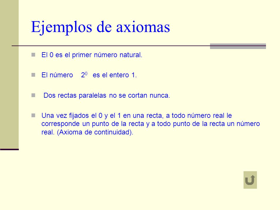 Ejemplos de axiomas El 0 es el primer número natural.