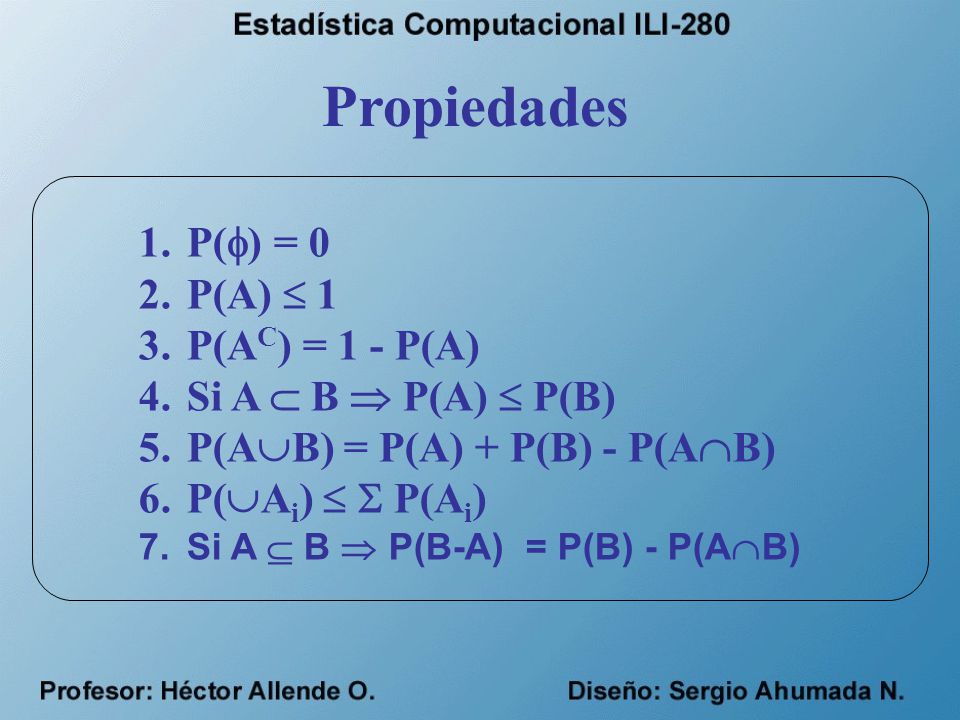 Propiedades 1. P() = 0 2. P(A)  1 3. P(AC) = 1 - P(A)