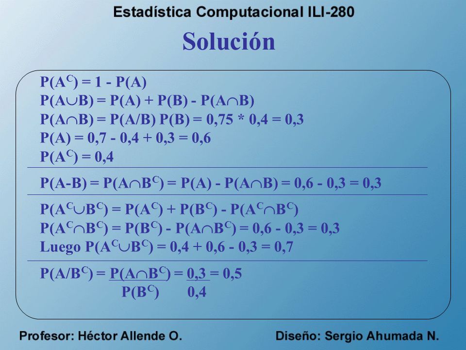 Solución P(AC) = 1 - P(A) P(AB) = P(A) + P(B) - P(AB)