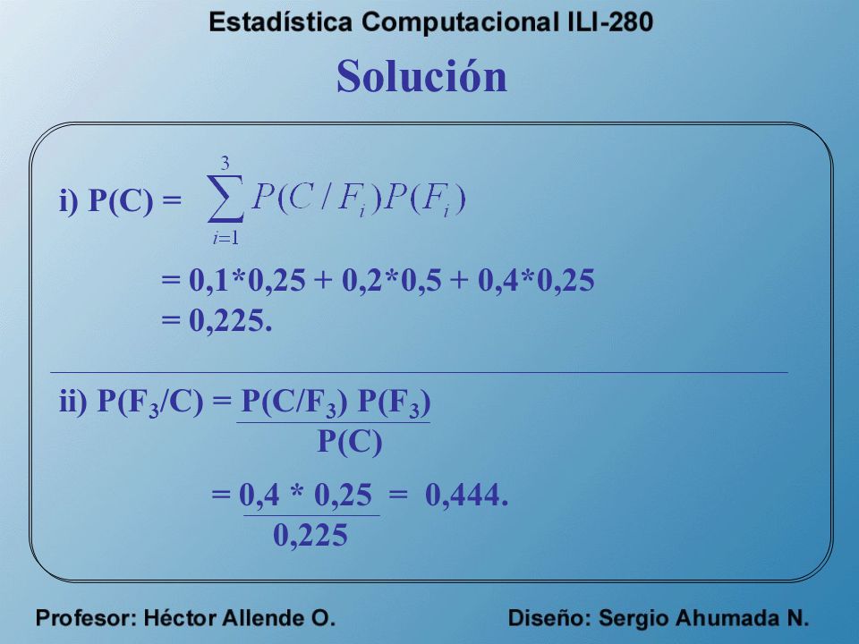 Solución i) P(C) = = 0,1*0,25 + 0,2*0,5 + 0,4*0,25 = 0,225.