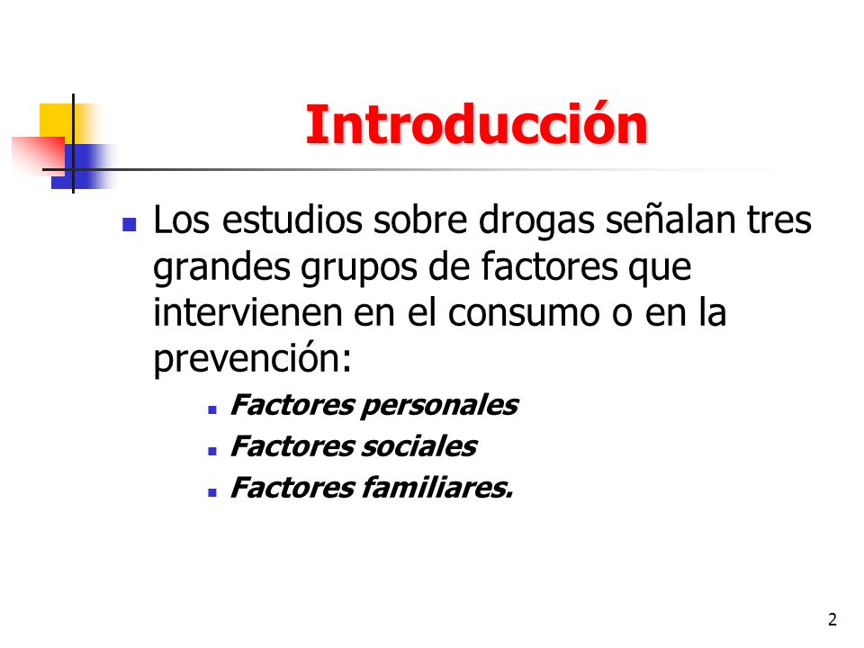 Introducción Los estudios sobre drogas señalan tres grandes grupos de factores que intervienen en el consumo o en la prevención: