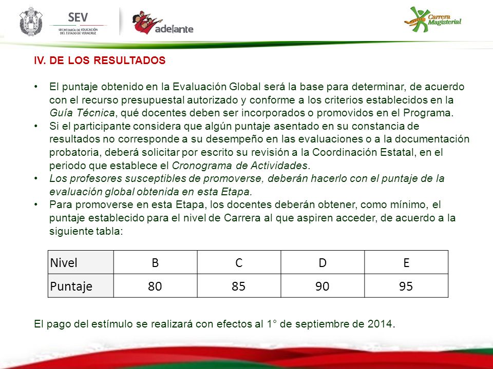Nivel B C D E Puntaje IV. DE LOS RESULTADOS