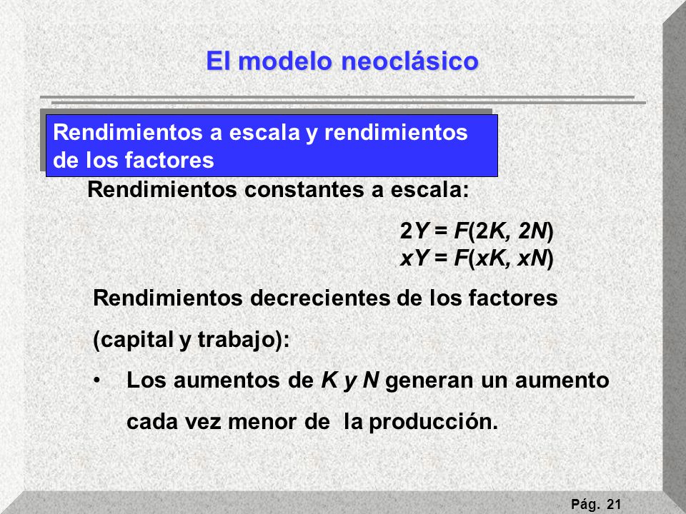 El modelo neoclásico Rendimientos a escala y rendimientos de los factores. Rendimientos constantes a escala: