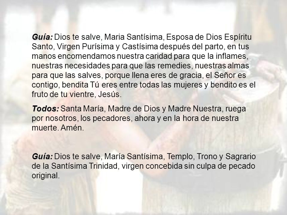 Guía: Dios te salve, Maria Santísima, Esposa de Dios Espíritu Santo, Virgen Purísima y Castísima después del parto, en tus manos encomendamos nuestra caridad para que la inflames, nuestras necesidades para que las remedies, nuestras almas para que las salves, porque llena eres de gracia, el Señor es contigo, bendita Tú eres entre todas las mujeres y bendito es el fruto de tu vientre, Jesús.
