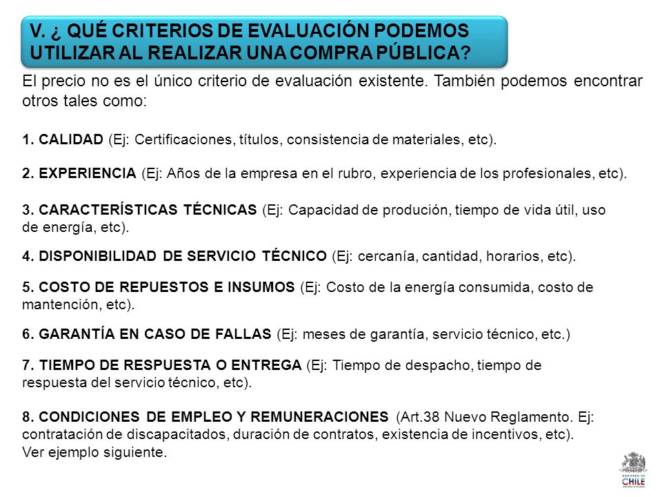 V. ¿ QUÉ CRITERIOS DE EVALUACIÓN PODEMOS UTILIZAR AL REALIZAR UNA COMPRA PÚBLICA
