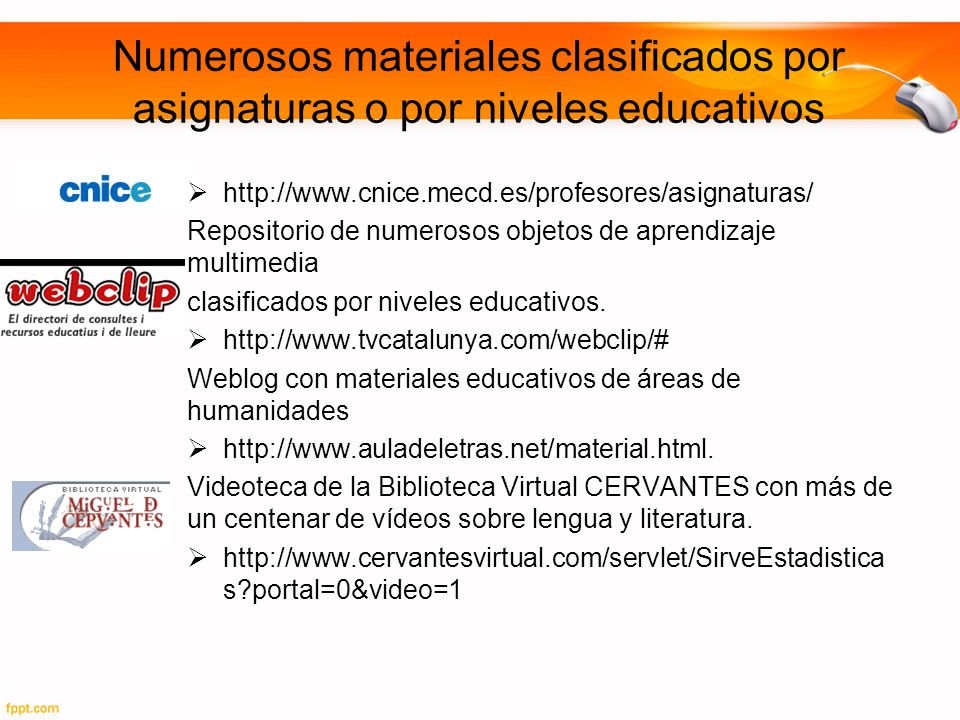 Numerosos materiales clasificados por asignaturas o por niveles educativos