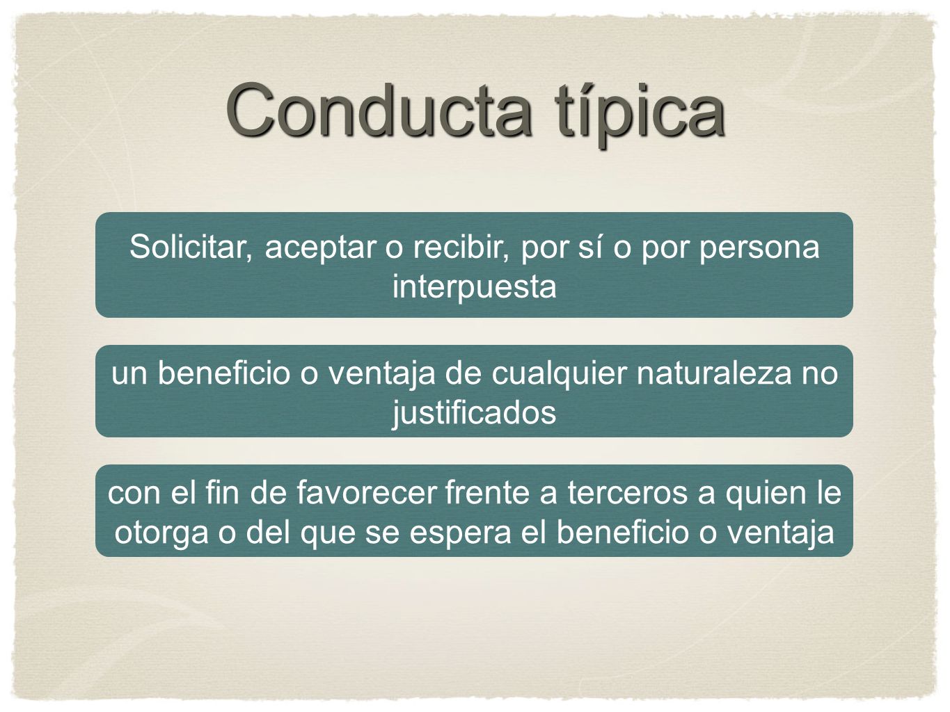 Conducta típica Solicitar, aceptar o recibir, por sí o por persona interpuesta. un beneficio o ventaja de cualquier naturaleza no justificados.
