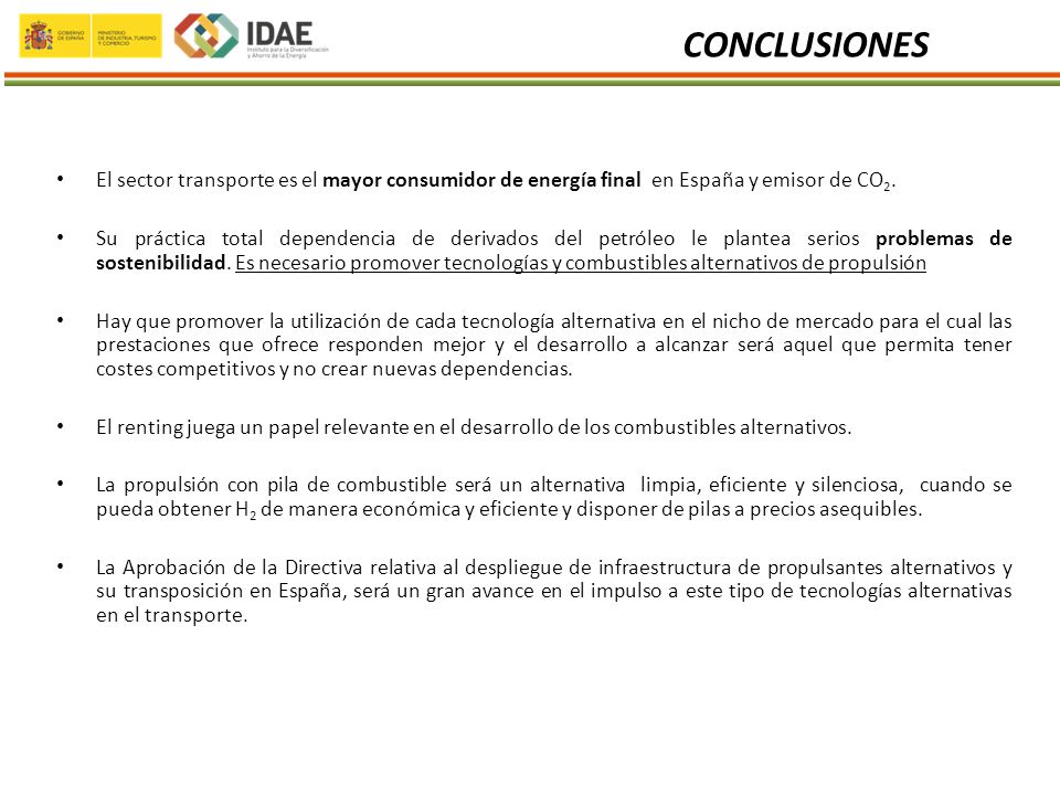 CONCLUSIONES El sector transporte es el mayor consumidor de energía final en España y emisor de CO2.