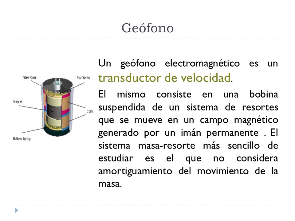 Geófono Un geófono electromagnético es un transductor de velocidad.