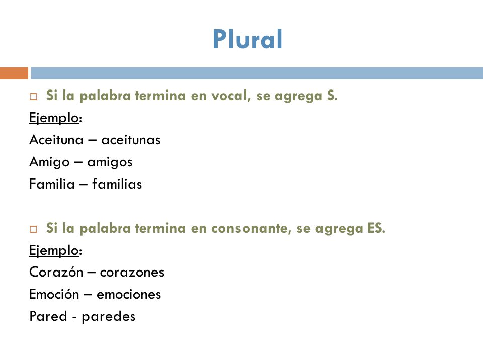 Plural Si la palabra termina en vocal, se agrega S. Ejemplo: