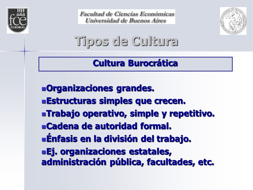 Tipos de Cultura Cultura Burocrática Organizaciones grandes.