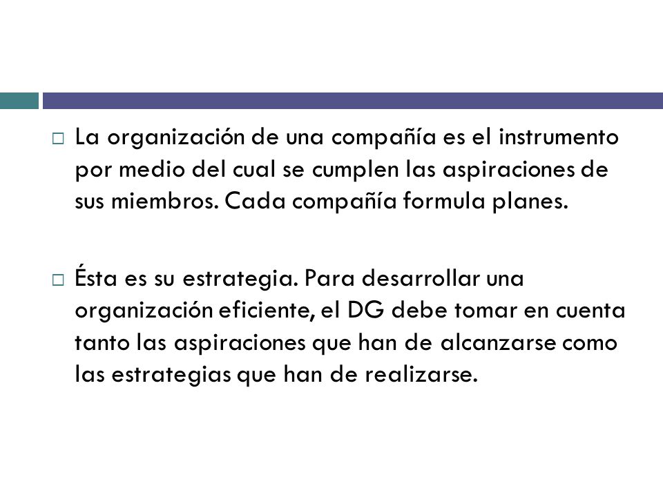 La organización de una compañía es el instrumento por medio del cual se cumplen las aspiraciones de sus miembros. Cada compañía formula planes.