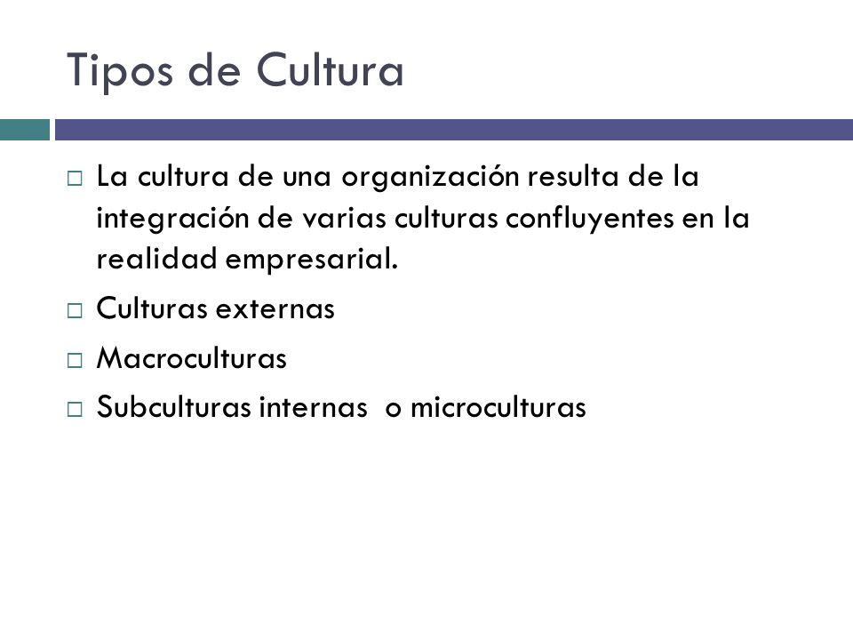 Tipos de Cultura La cultura de una organización resulta de la integración de varias culturas confluyentes en la realidad empresarial.