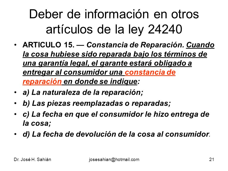 Deber de información en otros artículos de la ley 24240