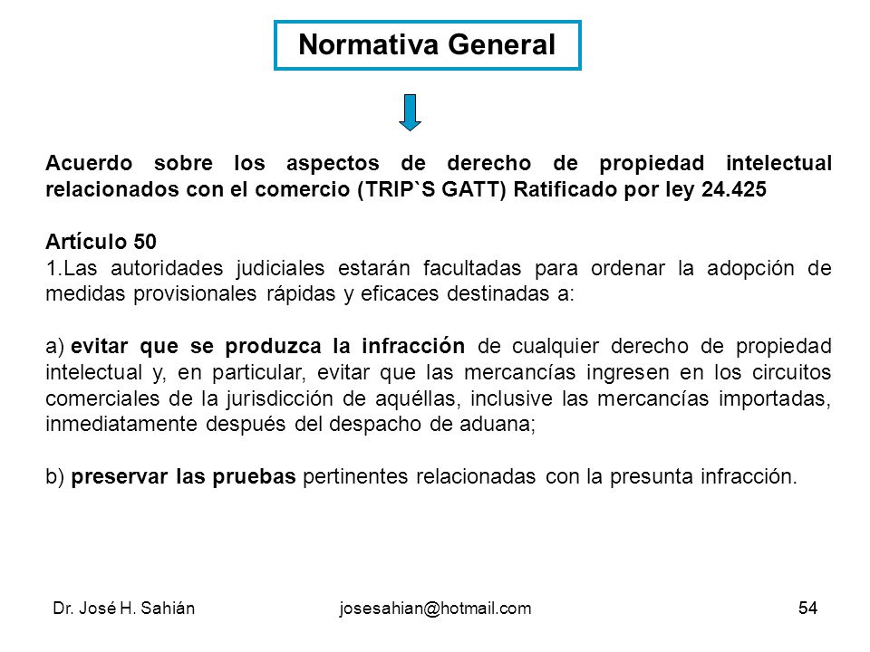 Normativa General Acuerdo sobre los aspectos de derecho de propiedad intelectual relacionados con el comercio (TRIP`S GATT) Ratificado por ley