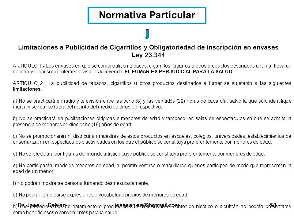 Normativa Particular Limitaciones a Publicidad de Cigarrillos y Obligatoriedad de inscripción en envases.
