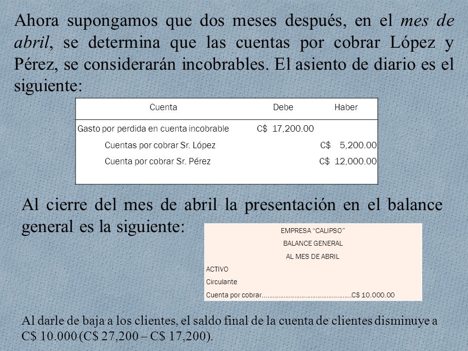 Ahora supongamos que dos meses después, en el mes de abril, se determina que las cuentas por cobrar López y Pérez, se considerarán incobrables. El asiento de diario es el siguiente:
