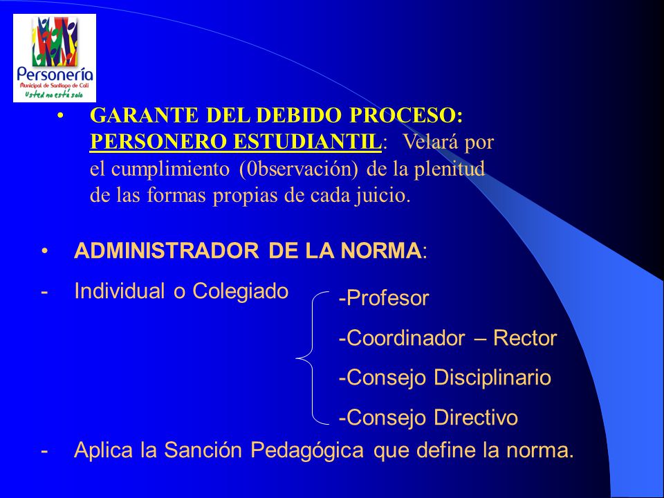 GARANTE DEL DEBIDO PROCESO: PERSONERO ESTUDIANTIL: Velará por el cumplimiento (0bservación) de la plenitud de las formas propias de cada juicio.