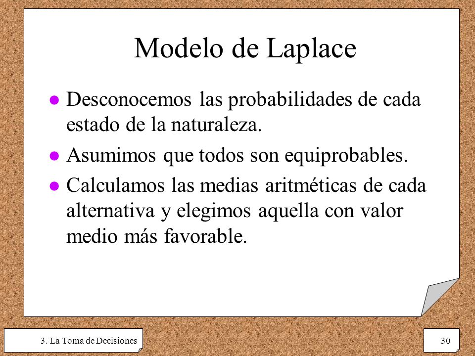 Modelo de Laplace Desconocemos las probabilidades de cada estado de la naturaleza. Asumimos que todos son equiprobables.