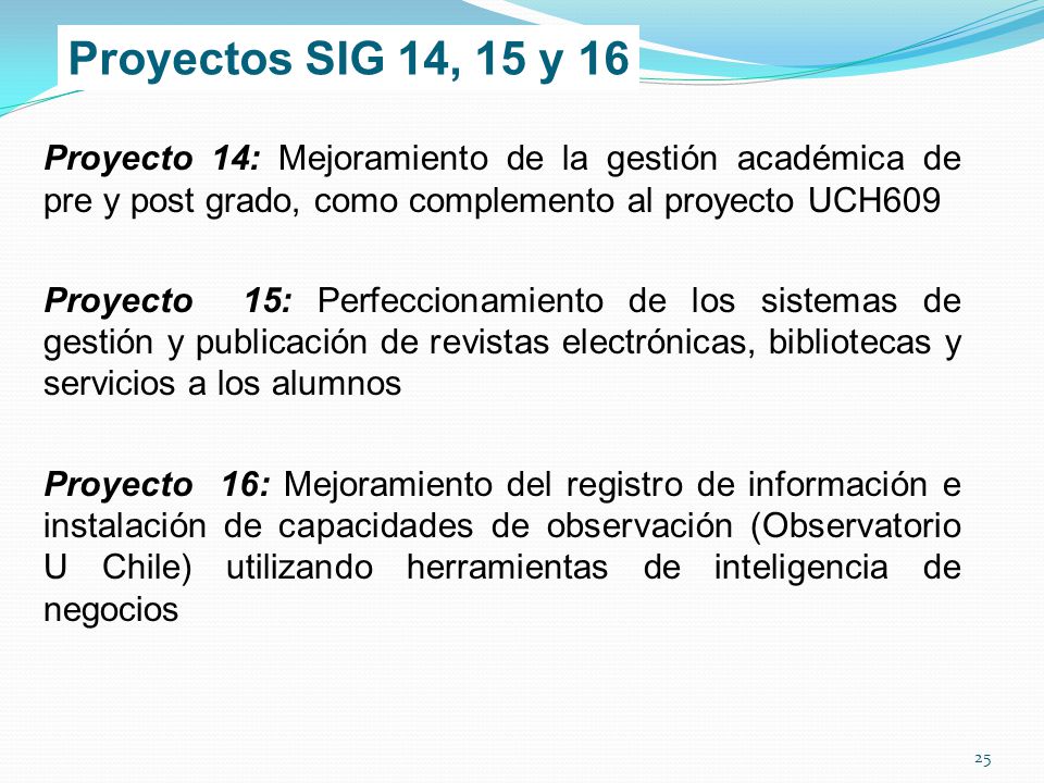 Proyectos SIG 14, 15 y 16 Proyecto 14: Mejoramiento de la gestión académica de pre y post grado, como complemento al proyecto UCH609.