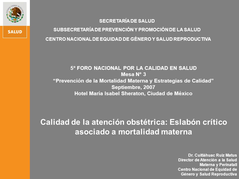 SECRETARÍA DE SALUD SUBSECRETARÍA DE PREVENCIÓN Y PROMOCIÓN DE LA SALUD. CENTRO NACIONAL DE EQUIDAD DE GÉNERO Y SALUD REPRODUCTIVA.