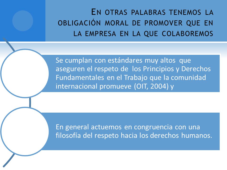 En otras palabras tenemos la obligación moral de promover que en la empresa en la que colaboremos