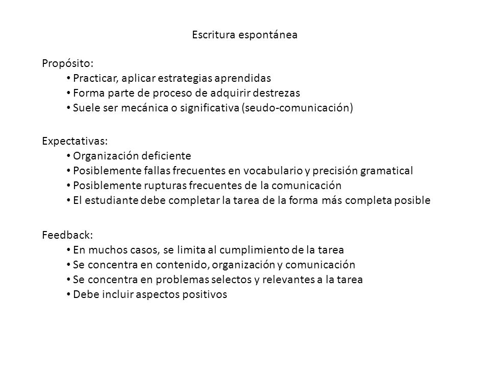 Escritura espontánea Propósito: Practicar, aplicar estrategias aprendidas. Forma parte de proceso de adquirir destrezas.