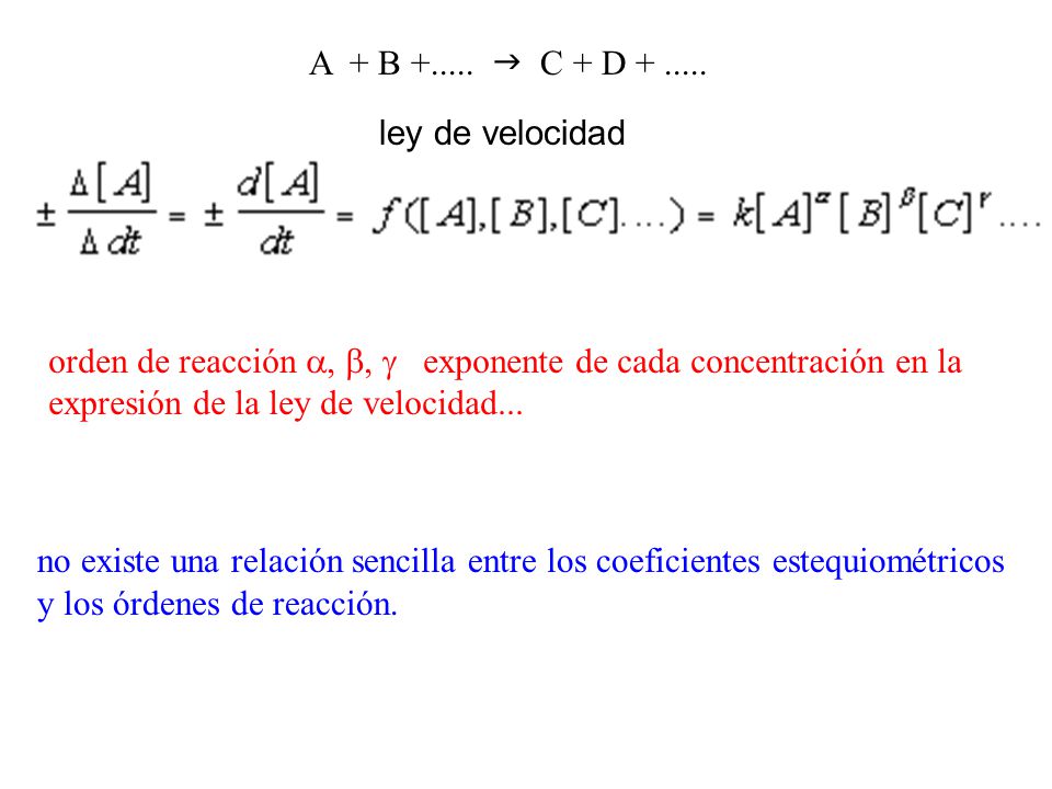 A + B g C + D ley de velocidad. orden de reacción a, b, g exponente de cada concentración en la.