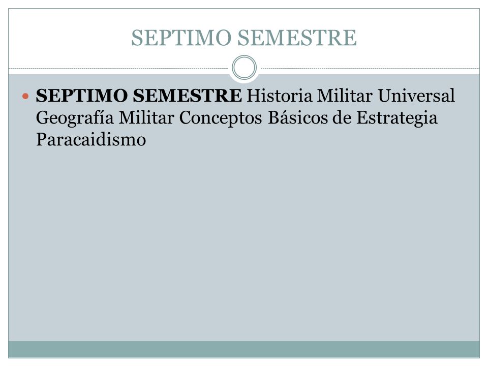 SEPTIMO SEMESTRE SEPTIMO SEMESTRE Historia Militar Universal Geografía Militar Conceptos Básicos de Estrategia Paracaidismo.