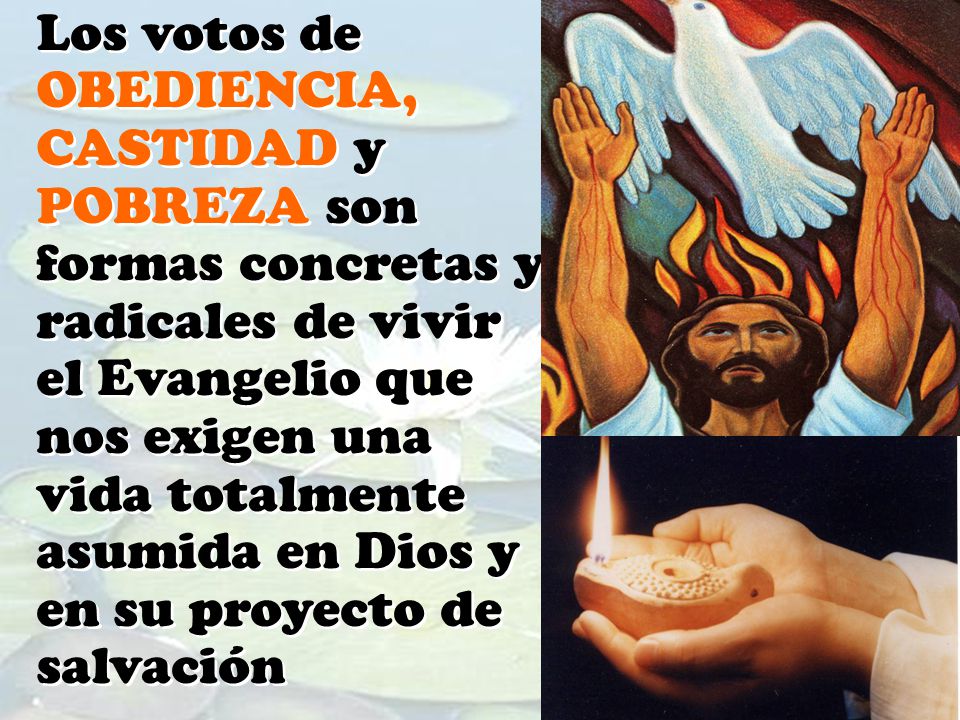 Los votos de OBEDIENCIA, CASTIDAD y POBREZA son formas concretas y radicales de vivir el Evangelio que nos exigen una vida totalmente asumida en Dios y en su proyecto de salvación
