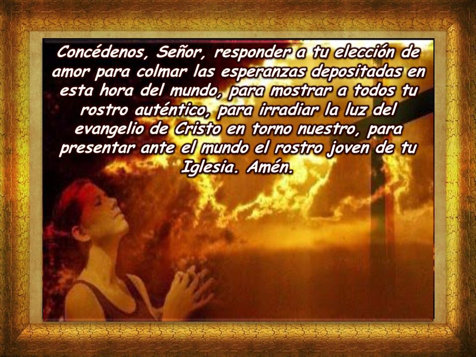 Concédenos, Señor, responder a tu elección de amor para colmar las esperanzas depositadas en esta hora del mundo, para mostrar a todos tu rostro auténtico, para irradiar la luz del evangelio de Cristo en torno nuestro, para presentar ante el mundo el rostro joven de tu Iglesia.