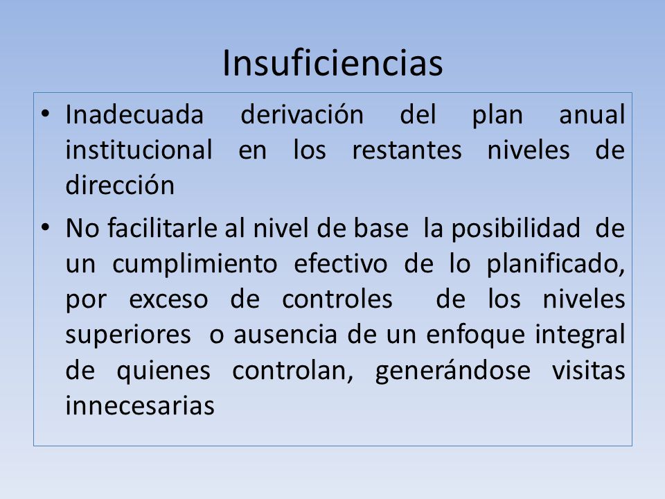 Insuficiencias Inadecuada derivación del plan anual institucional en los restantes niveles de dirección.