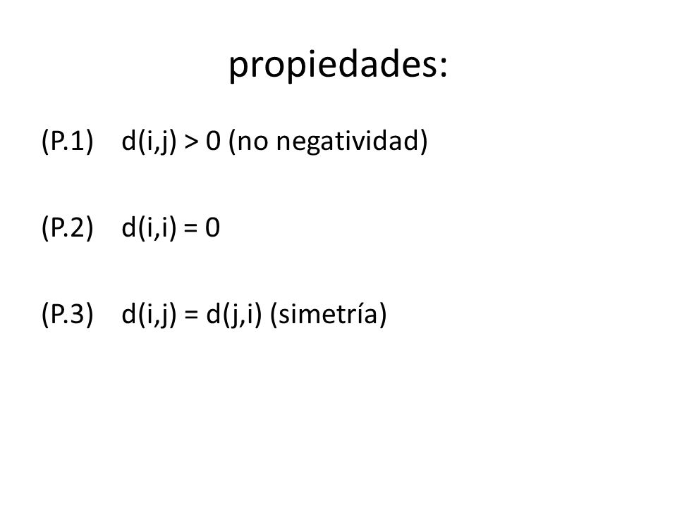 propiedades: (P.1) d(i,j) > 0 (no negatividad) (P.2) d(i,i) = 0 (P.3) d(i,j) = d(j,i) (simetría)