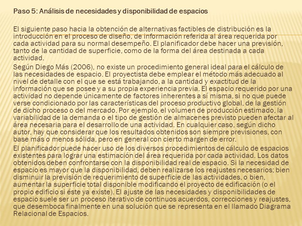 Paso 5: Análisis de necesidades y disponibilidad de espacios El siguiente paso hacia la obtención de alternativas factibles de distribución es la introducción en el proceso de diseño, de información referida al área requerida por cada actividad para su normal desempeño.