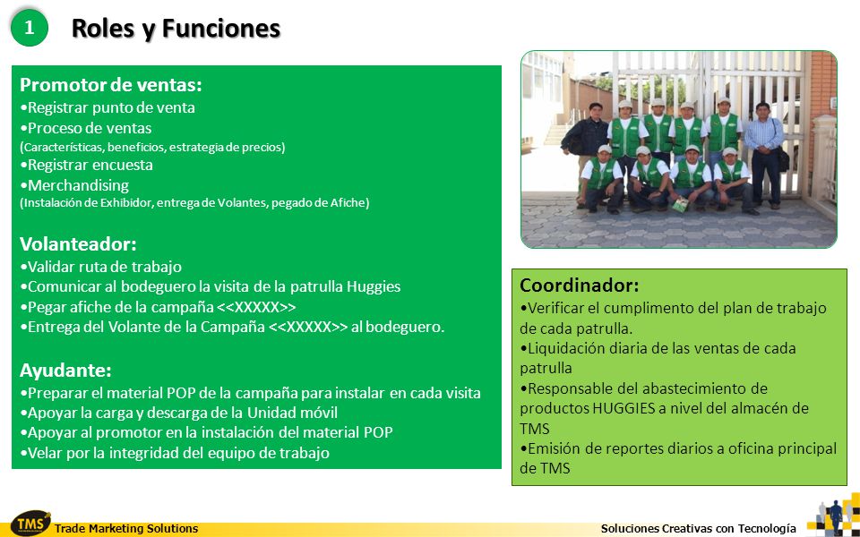 Roles y Funciones Promotor de ventas: Volanteador: Ayudante: