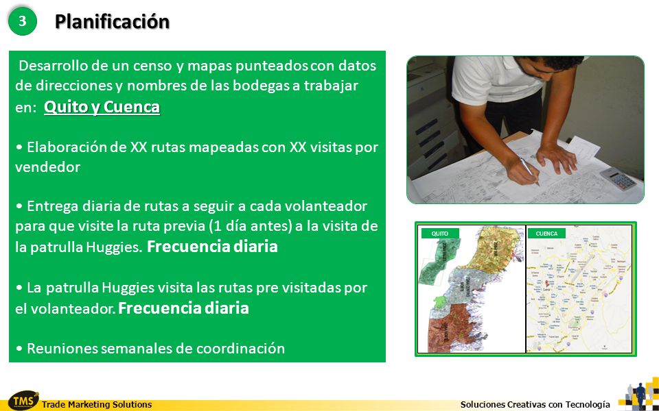 3 Planificación. Desarrollo de un censo y mapas punteados con datos de direcciones y nombres de las bodegas a trabajar en: Quito y Cuenca.