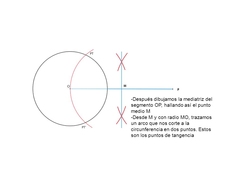 Después dibujamos la mediatriz del segmento OP, hallando así el punto medio M