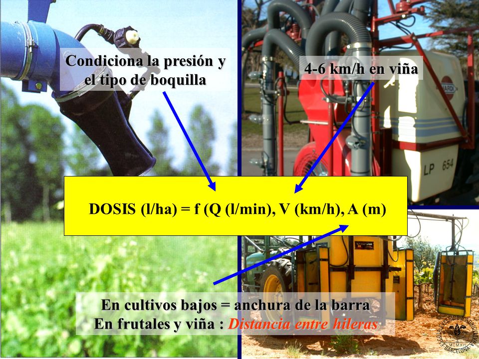 Condiciona la presión y el tipo de boquilla 4-6 km/h en viña